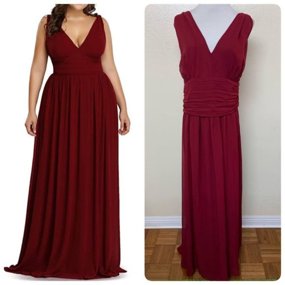 Ever Pretty Double V Neck Chiffon Semi Formal Evening Gown Sz 18 Burgundy - Picture 1 of 10